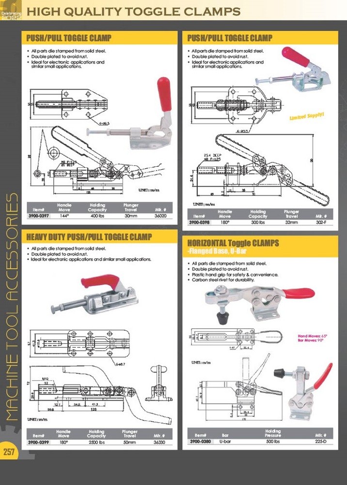 HORIZONTAL LONG U-BAR FLANGED BASE TOGGLE CLAMP 500 LBS CAPACITY (3900-0369)