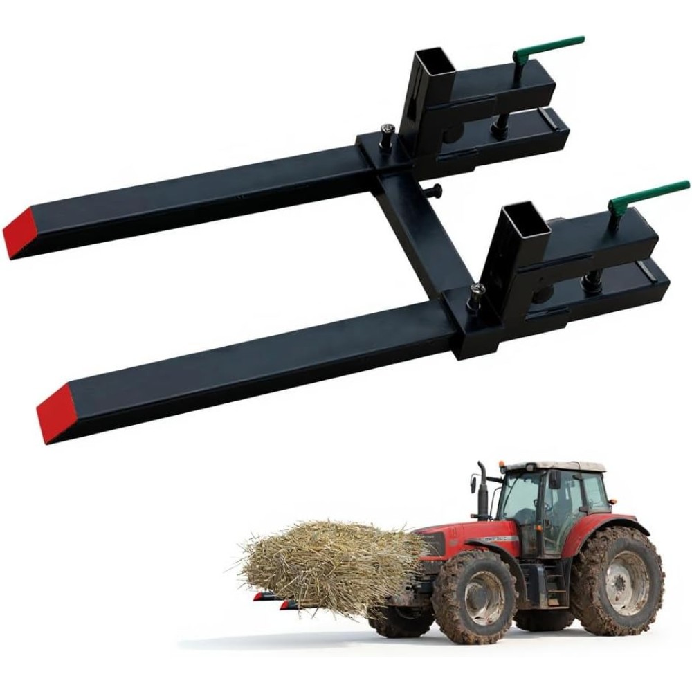 Universal Pallet Fork Set for Tractor Loaders, 2000LB Capacity W/ Stabilizer Bar