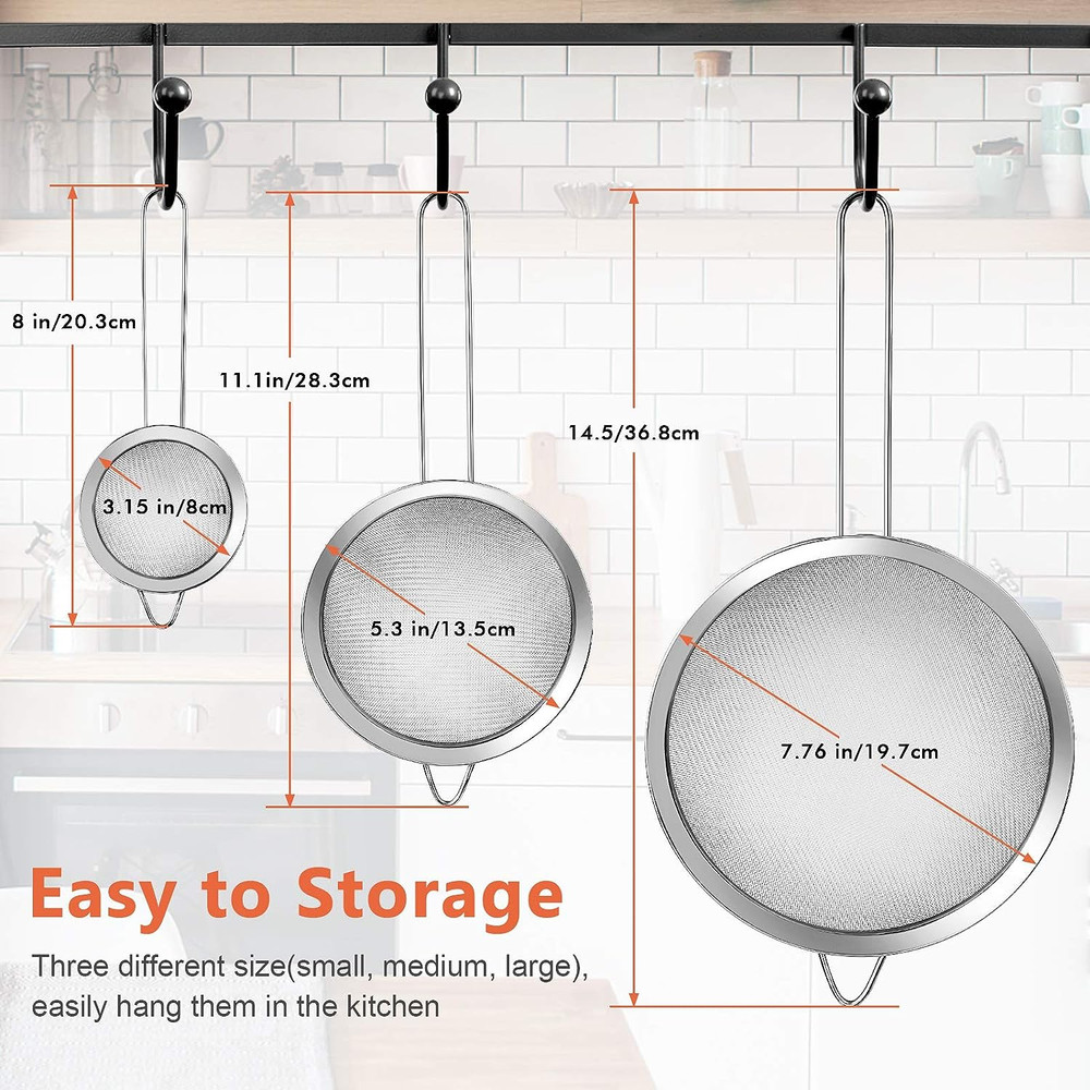 3 Pcs Super Wire Extra Fine Mesh Strainer with Handle, Small Medium Large Size S