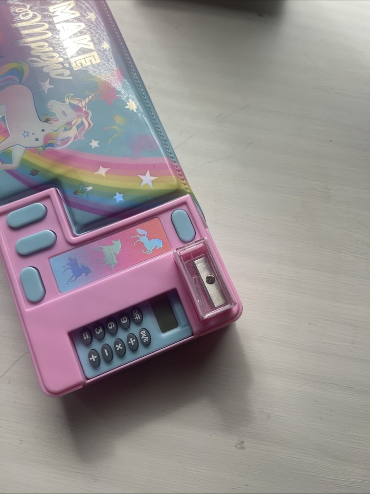 Hot Focus Multi-Function Pencil Case Unicorn Calculator Sharpener Pink NIP