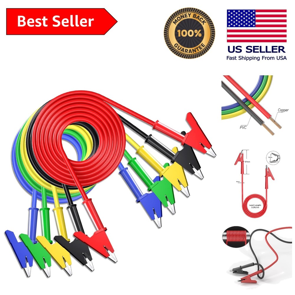 5 Color-Coded 3.3ft Alligator Clips  Leads for Reliable Electrical Testing