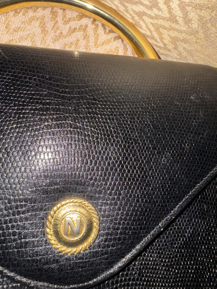 Albert Nipon Vintage Embossed Black Purse With Brass Handle