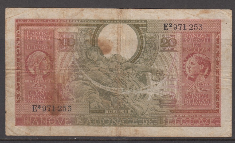 Belgium 100 Francs 1943 Banknote  P123 as shown