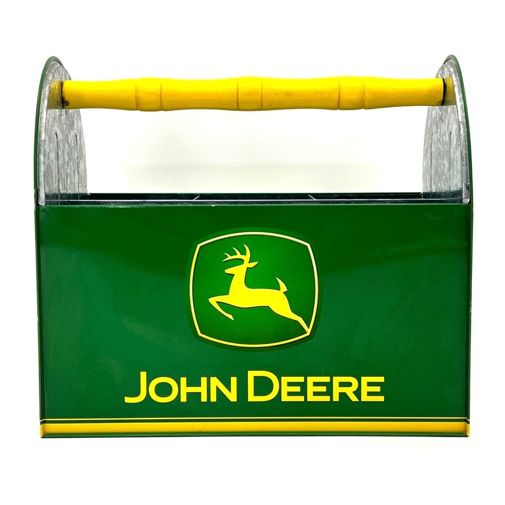 John Deere Licensed Tin Caddy Box Wooden Handle Tool Utensil Compartments