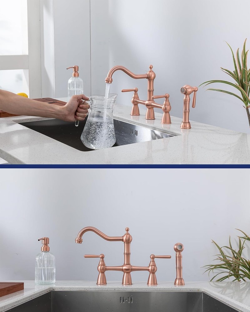 Solid Brass Copper Bridge Kitchen Faucet with Pull Down Sprayer,2 Handles 4 H...