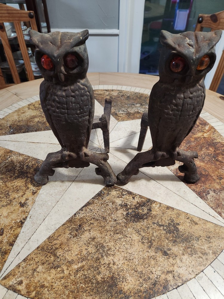 Antique Cast Iron Owl Andirons