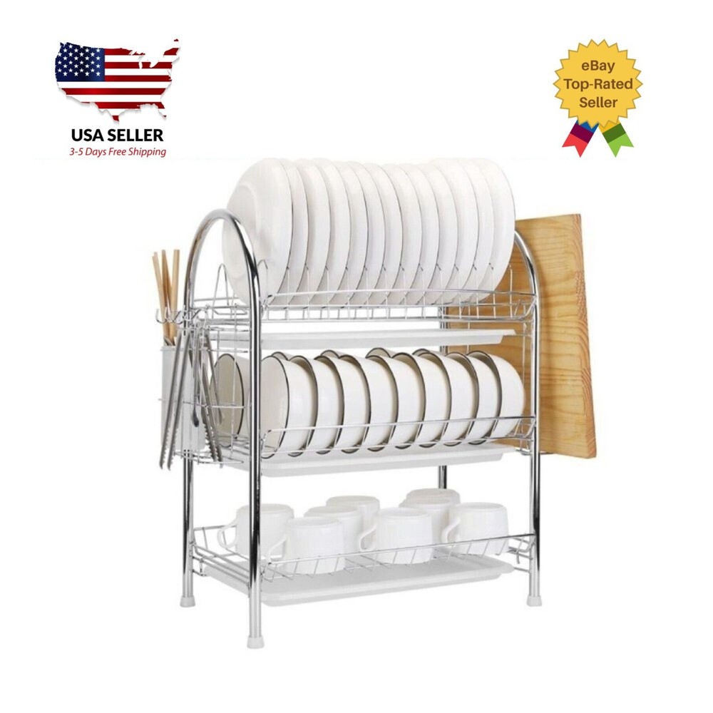 Sink Dish Drying Rack 3-Tier Stainless Kitchen Shelf Cutlery Drainer