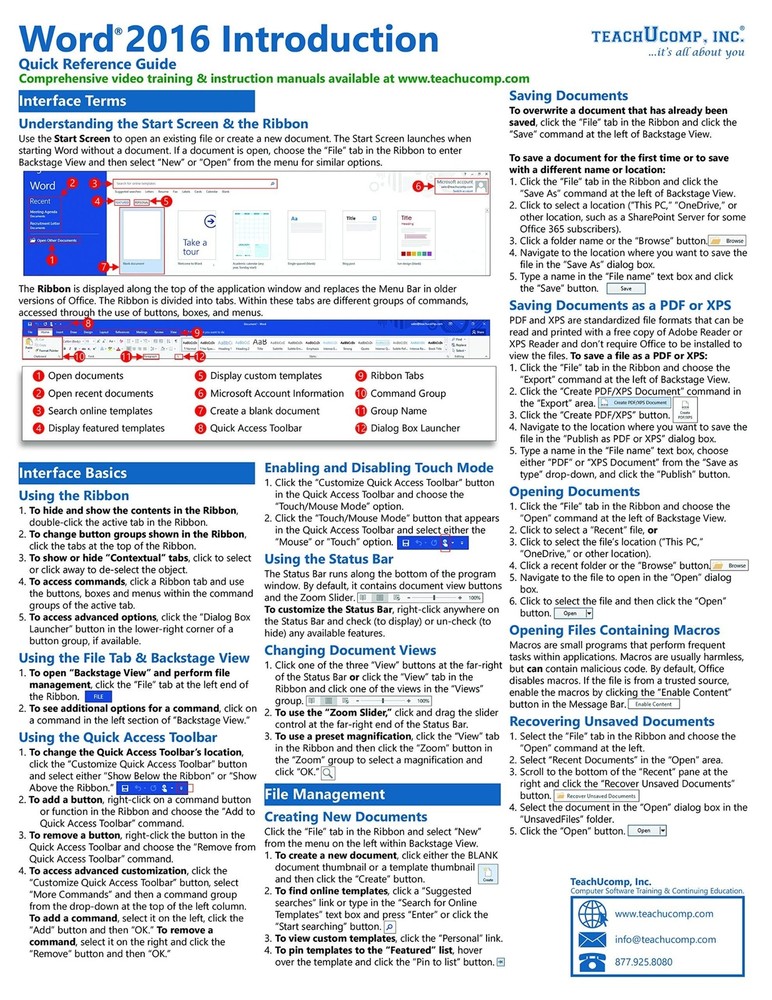 Word 2016 Training Guide Quick Reference Card 4 Page Cheat Sheet Instructions
