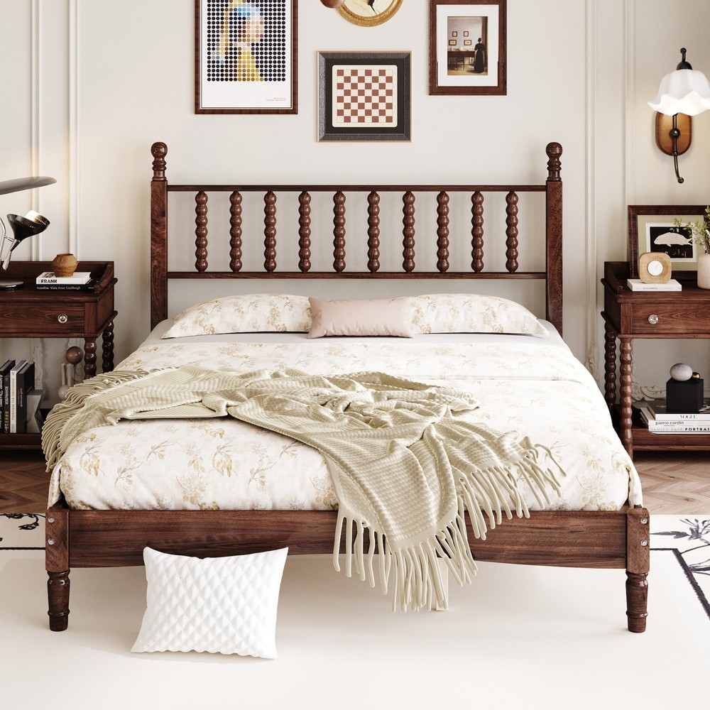 Walnut Queen Size Wood Platform Bed Gourd Shaped Headboard Retro Style Platform
