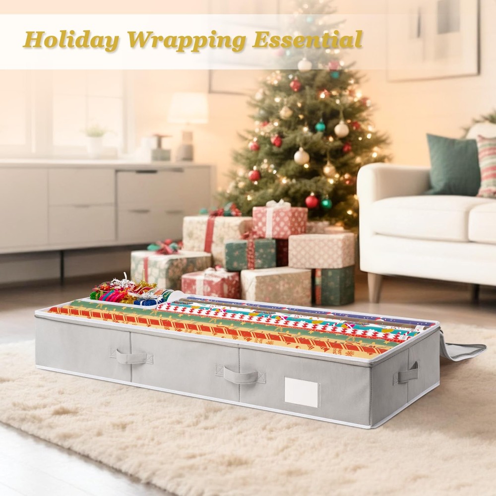 Gift Wrapping Paper Organizer Storage Underbed Container Fits 24 Rolls Grey