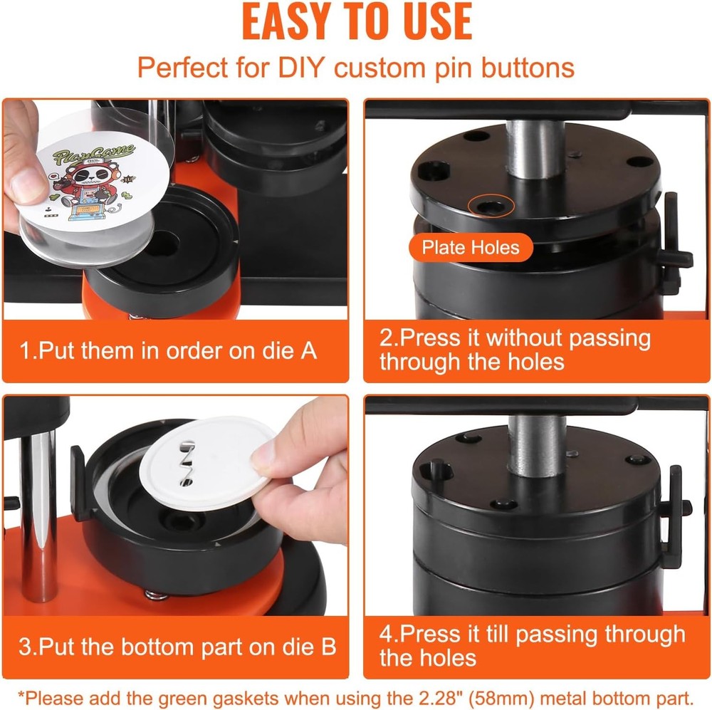 VEVOR Button Maker Machine, 2.25 2.25'' + 100 pcs, Black+Orange