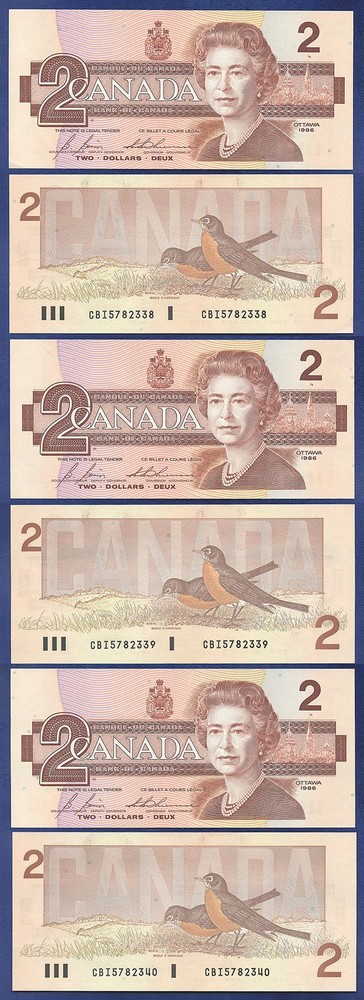 CANADA 2 DOLLARS 1986 GEM UNC PREFIX CBI THREE CONSECUTIVE