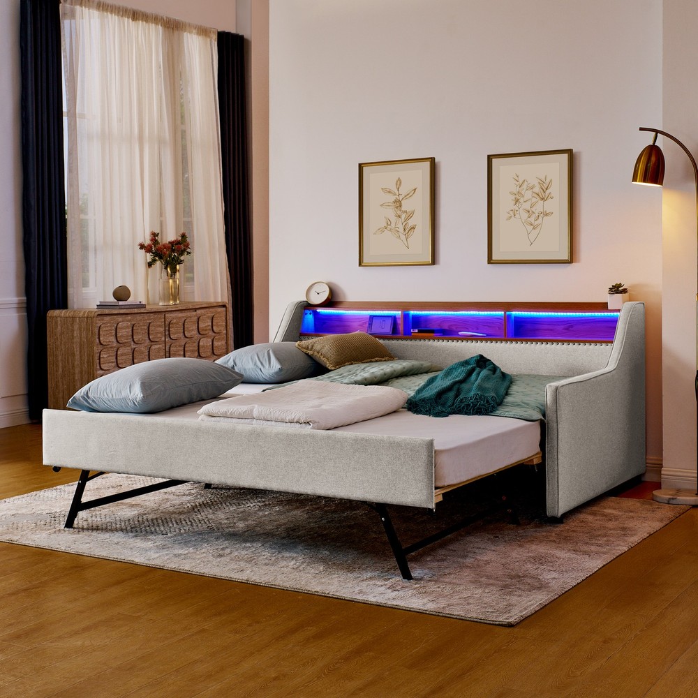 Twin Size Upholstery Sofa Bed with Three LED lights, with Storage Adjustable Hea