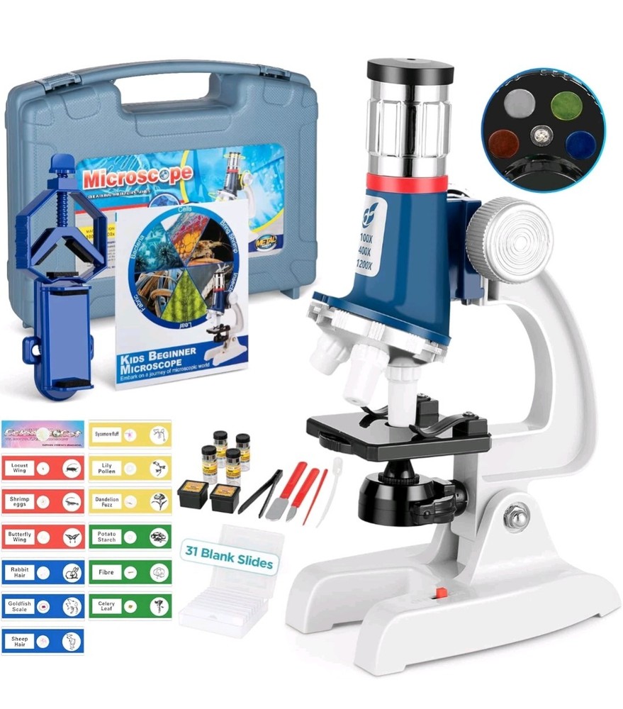 Kids Microscope Kit - 58 Pieces 100X-1200X Magnification LED Light