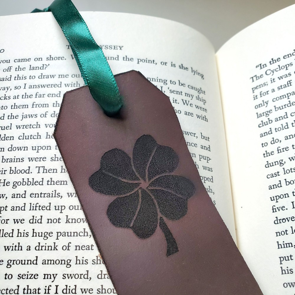 Lucky Four Leaf Clover Leather Bookmark, Free Engraved Personalization