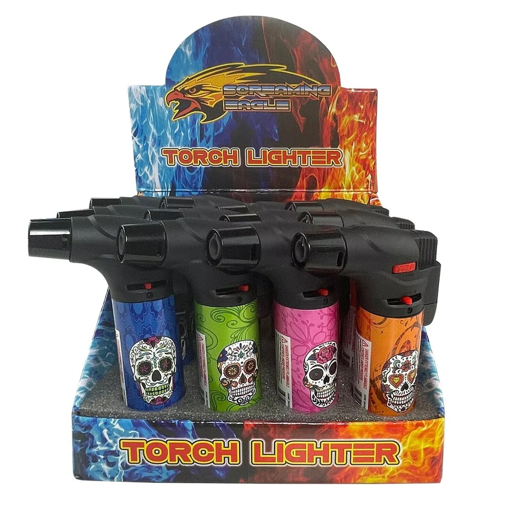 4 Pack Jumbo 4" Jet Flame Torch Gun Lighter Refillable Lockable Candy Skull