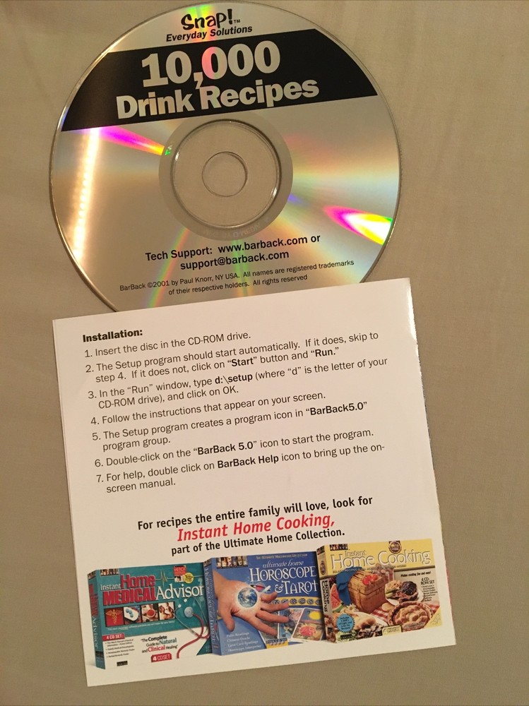 10,000 drink recipes on CD ROM, BarBack 5.0 disc, 2001, Snap! solutions Software