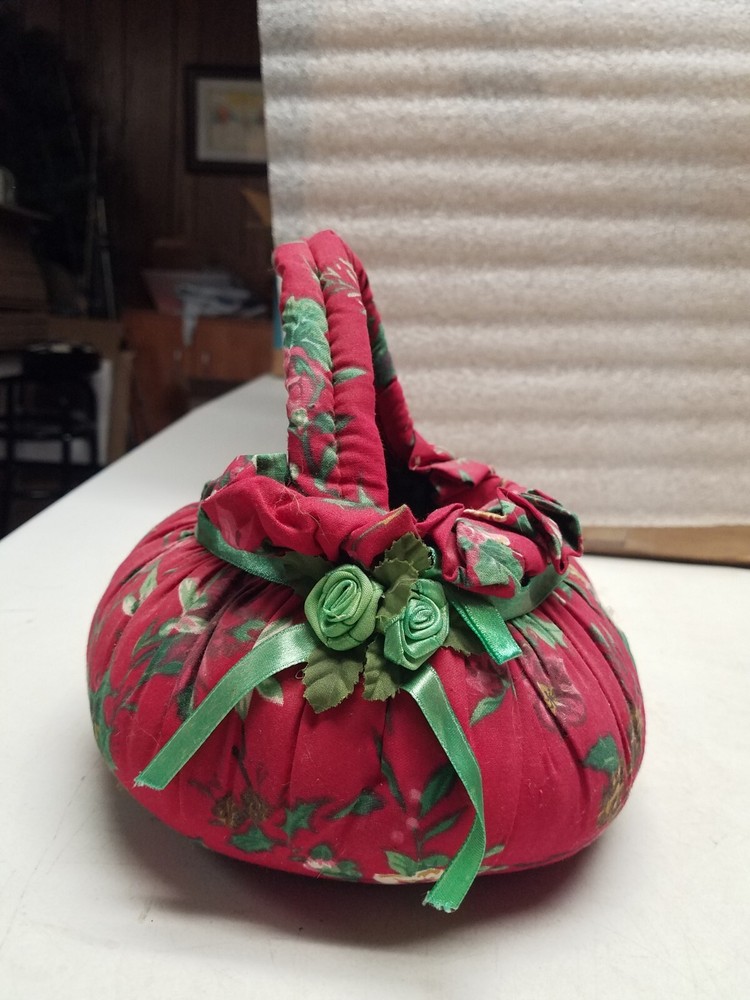 Red Floral Padded Cloth Basket with Handle (B)