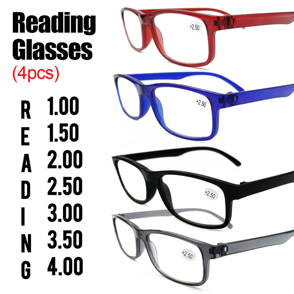4 Pair Rectangular Spring Hinge Power Reading Reader Glasses For Mens Womens 1-4
