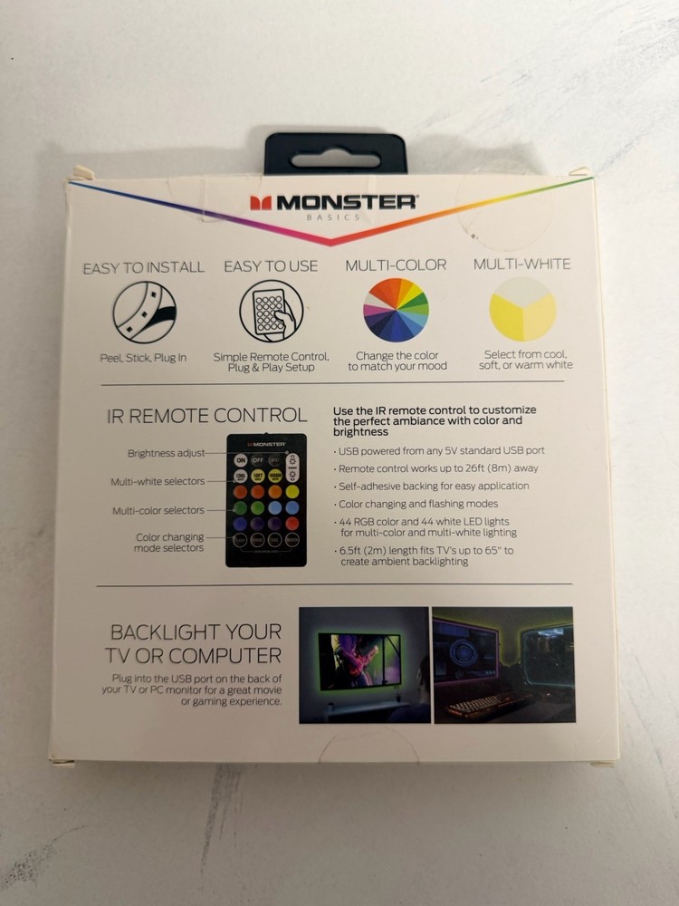 Monster Basics Multi-Color/Multi-White LED Light Strip 6.5 ft Remote USB Indoor
