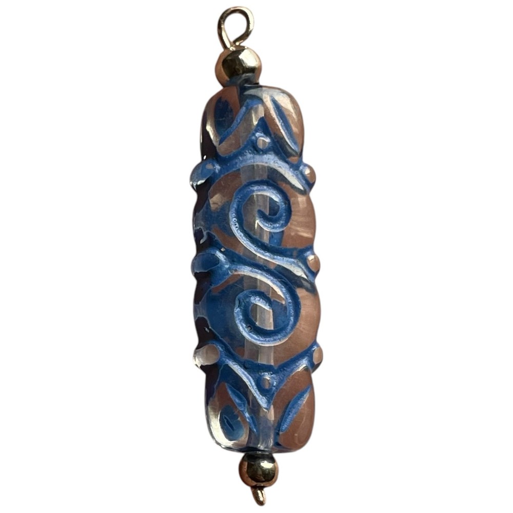Boho Blue Swirl Pattern Ornamental Scrollwork Eclectic Beaded Pendant Charm
