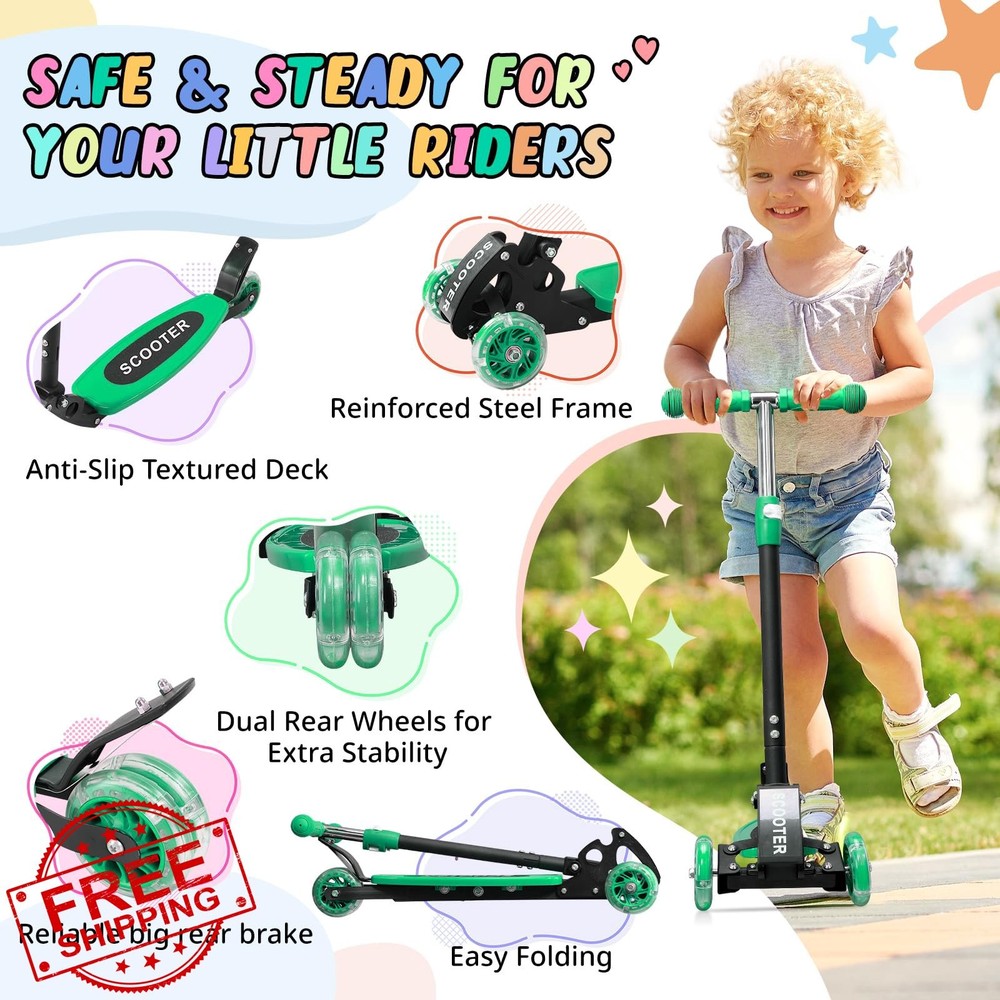 Kids 3-Wheel Kick Scooter Light Up Lean Steer Foldable