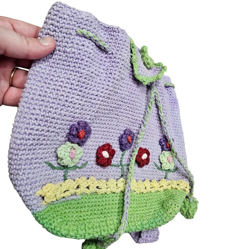 Handmade Crochet Child Backpack Adorned With Floral Design & Drawstring Closure