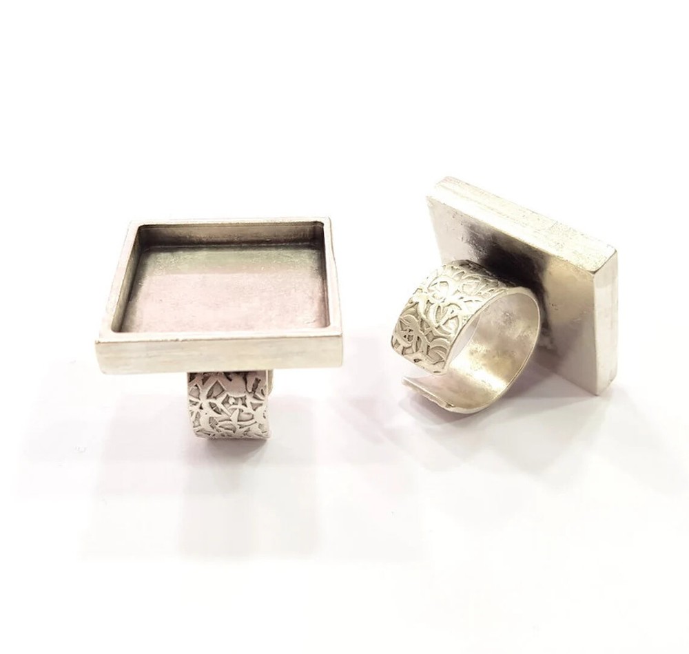 Square Ring Blank Setting Cabochon Base inlay Bezel Adjustable Antique Silver