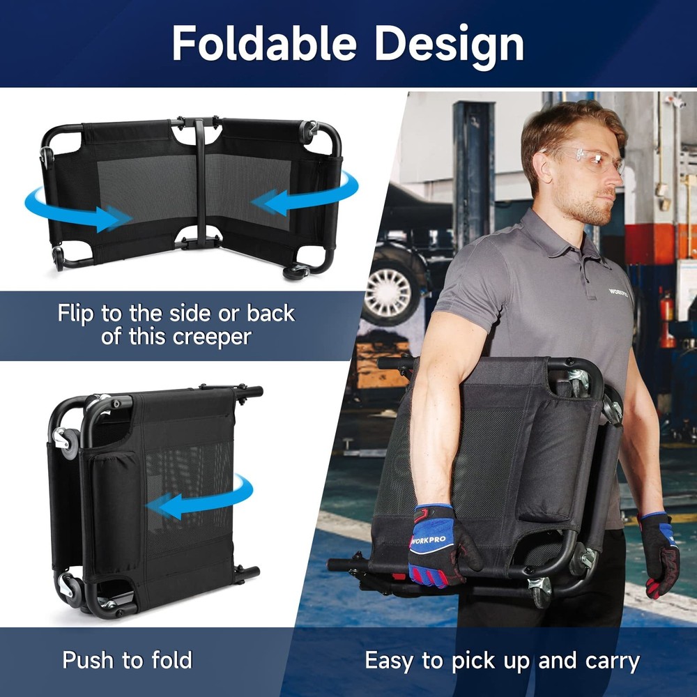 WORKPRO 40" Foldable Mesh Creeper w/Headrest & 4 Caster Wheel Automotive Creeper