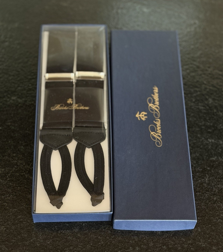 NIB Brooks Brothers Mens Solid Black Formal Solid Suspenders w/ Silver $148