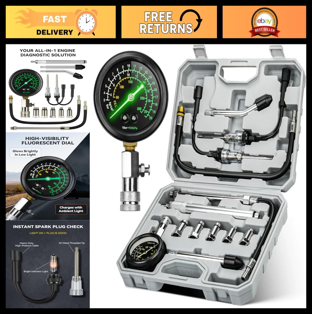 Professional Compression Tester Kit - 300 PSI Triple-Scale, 2 Spark Plug Testers