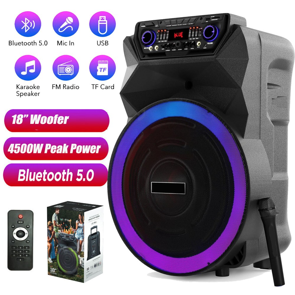 18" Portable Bluetooth Speaker Deep Bass With Remote Control Wireless Microphone