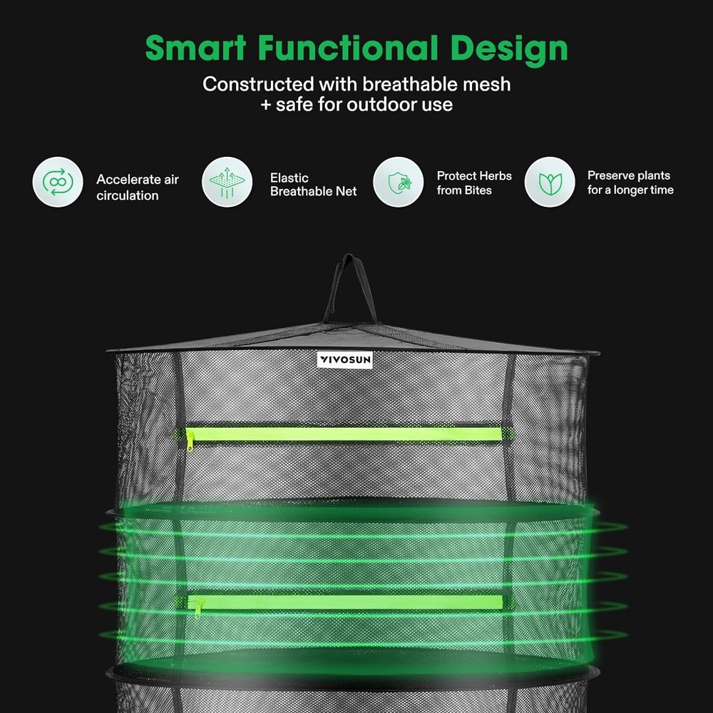 VIVOSUN 1-Pack 8-Layer Mesh Drying Rack Hanging Design with Green Zippers