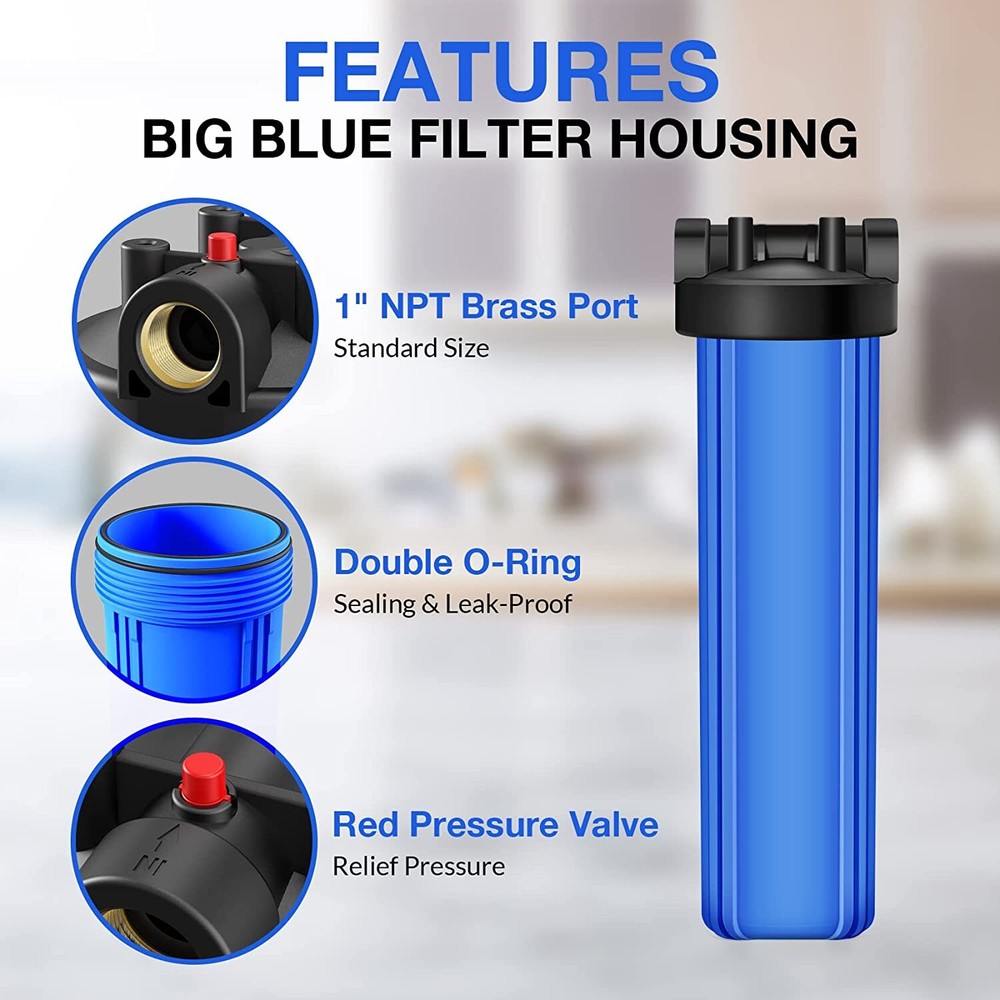 4 Pack Big Blue Whole House Water Filter Housing Sets - 4.5" x 20" w/ 1" Port