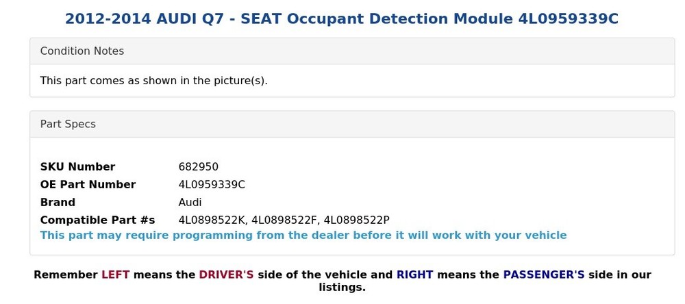2012-2014 AUDI Q7 - SEAT Occupant Detection Module 4L0959339C