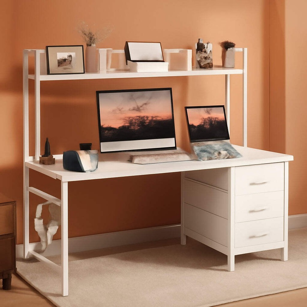 Modern White Computer Desk with Hutch and Drawers