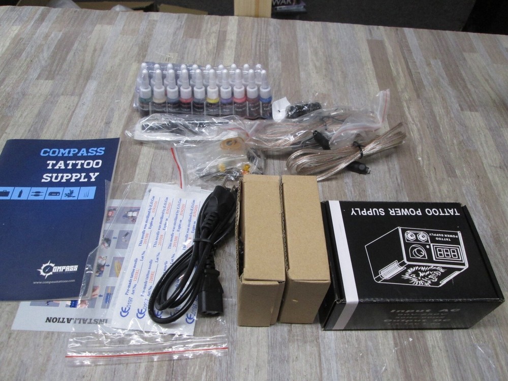 Complete Tattoo Machine Kit 2 Compass Gun Ink Tattoo Needles Power Supply Set