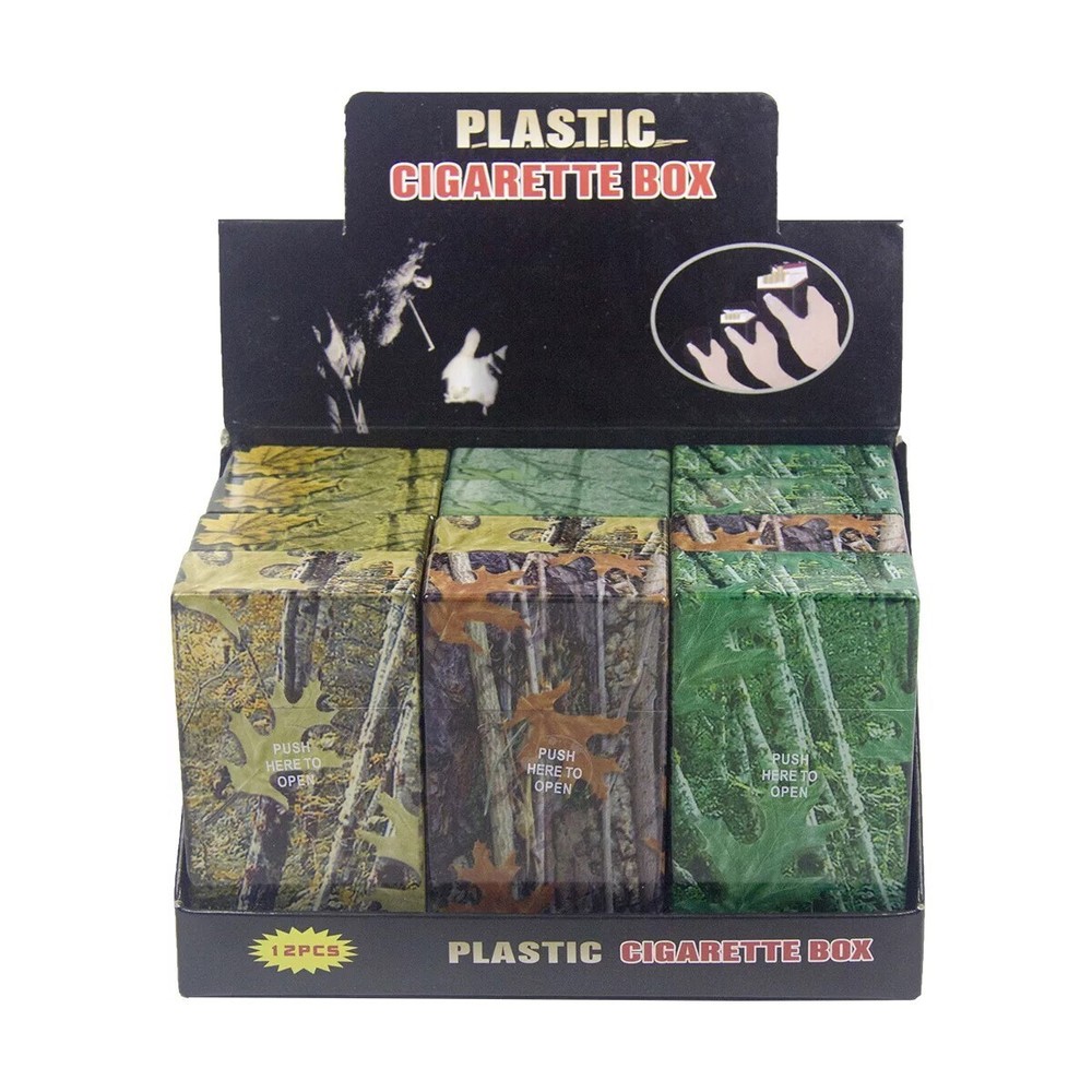 12 Pack 100'  Push-to-Open Plastic Cigarette Case Camouflage Design