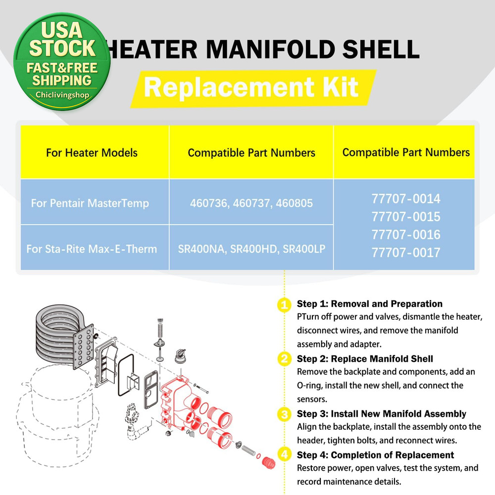 Pool Heater Manifold Replacement Kit Compatible Mastertemp Max-E-Therm