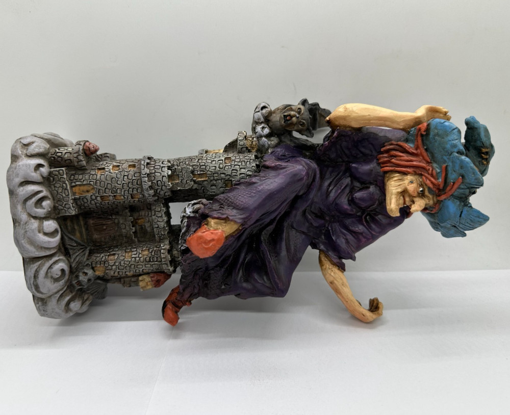 9" Floating Witch Over Castle & Bat Resin Figure