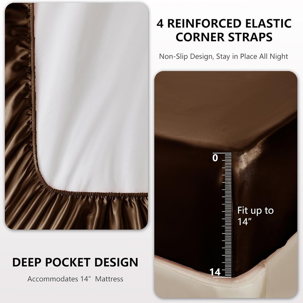 Satin Sheets Full Size - 4 Piece Brown Bed Sheet Set with Silky Microfiber