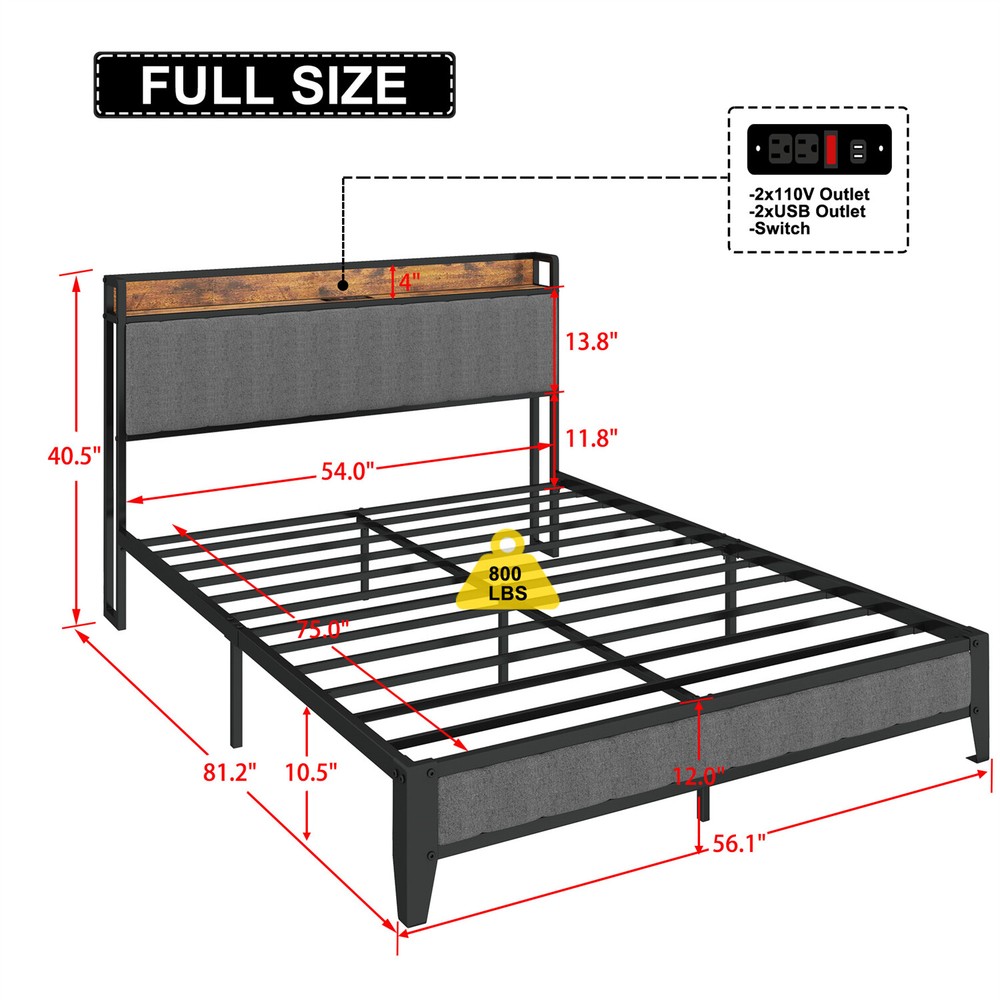 Full Size Bed Frame with Upholstered Headboard Metal Platform Bed with Outlets