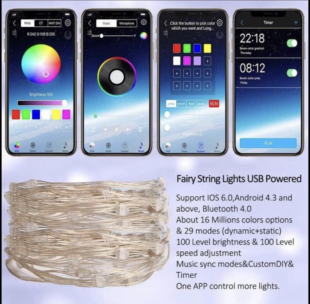 LED Bluetooth App Controlled RGB String Lights - 65 Feet - 200 LEDS