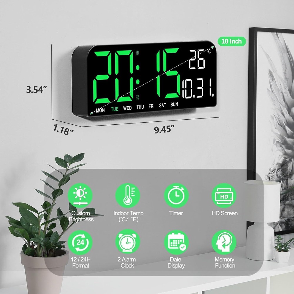 10" Digital Wall Clock Large Display with Auto-Dimming Date/Week/Temperature