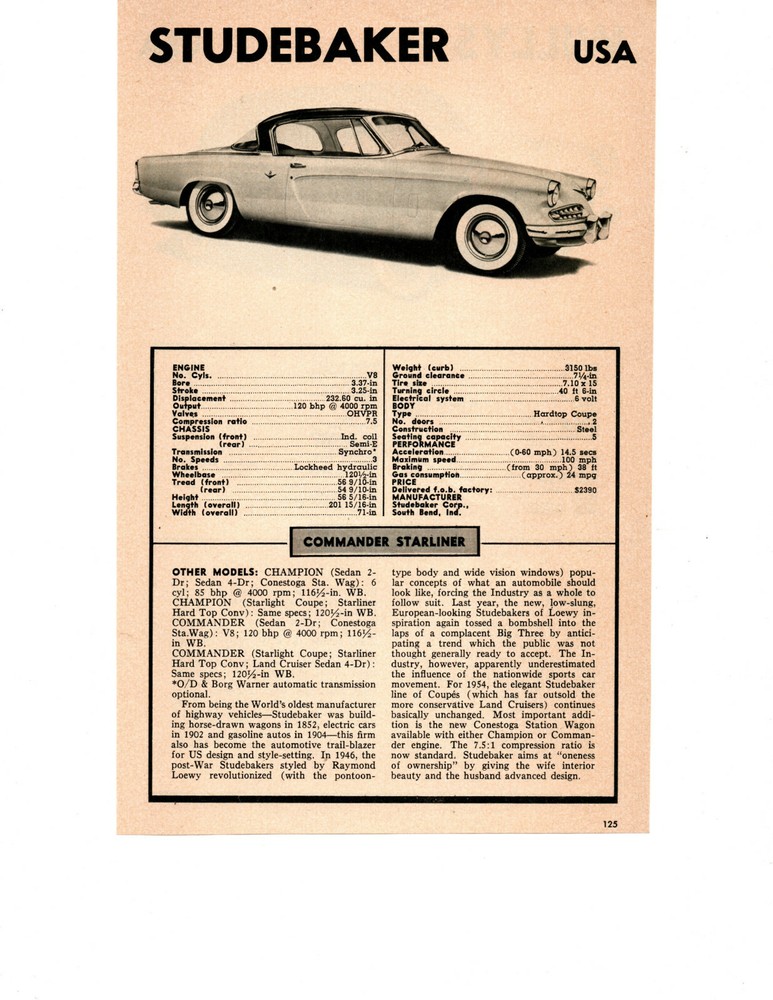 1954 STUDEBAKER COMMANDER STARLINER ~ ORIGINAL SMALLER SPECS ARTICLE / AD