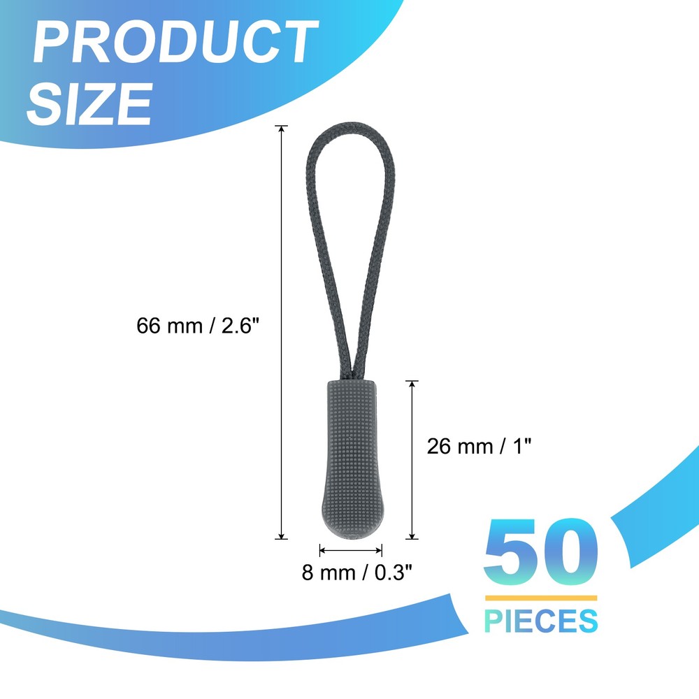 2.6" Zipper Pulls Replacement, 50 Pcs Nylon Cord Extension, Dark Gray