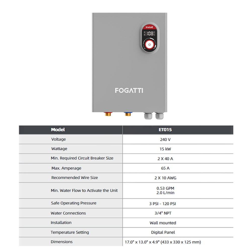 FOGATTI 15KW Electric Tankless Water Heater Instant Shower On Demand Whole House