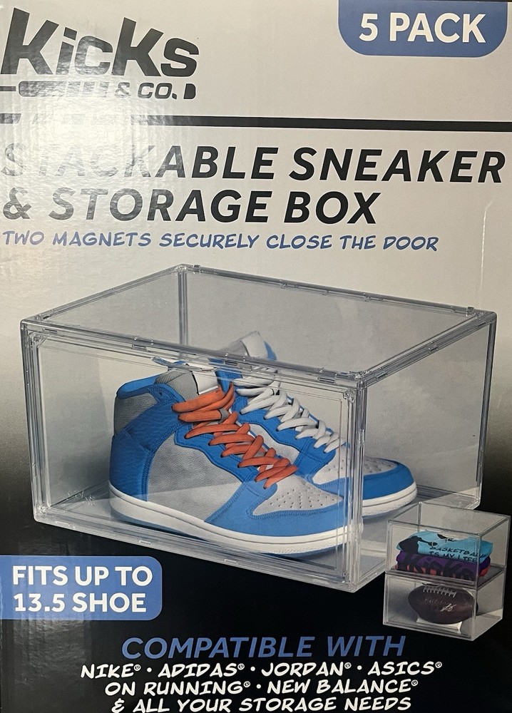 5 PACK kicks & Co. Stackable Clear Plastic Shoe Storage Box with Magnet Door