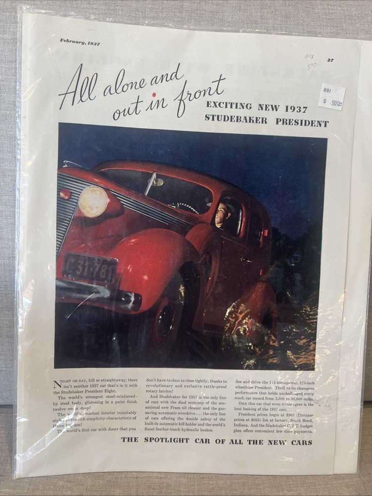 1937 Studebaker Advertisement Vintage Print Ad