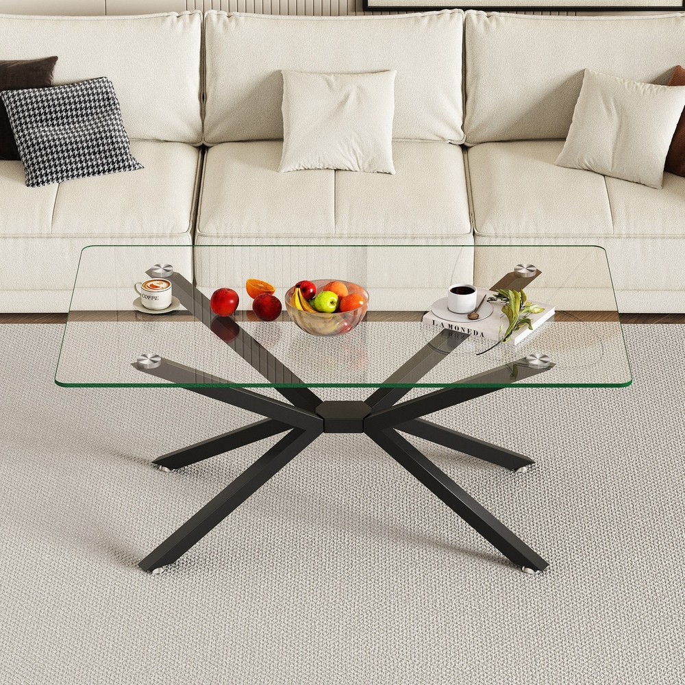 39.37" Rectangular Clear Tempered Glass Coffee Table,Stylish Design with Black